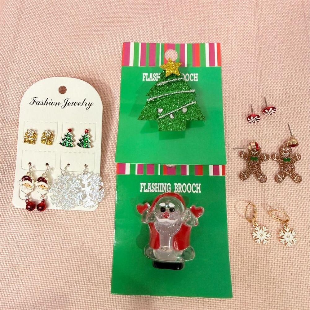 Christmas Mixed Lot 7 Earrings & 2 Light-Up Pins Multicolor Fashion Jewelry
